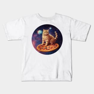 Funny Galaxy Cat In Space Cat Riding Pizza Kids T-Shirt